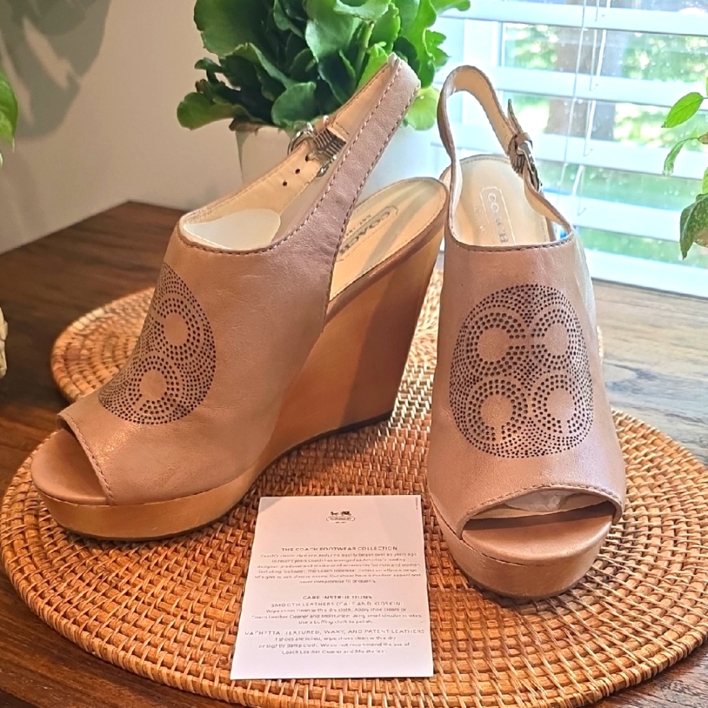 Coach Beige Peep-Toe Wedges